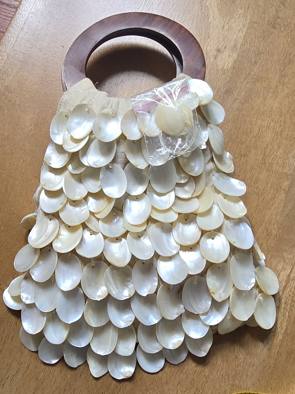 Two's Company Capiz Mother of Pearl Shell Handbag Wooden Ring Handles